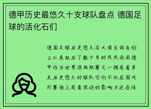 德甲历史最悠久十支球队盘点 德国足球的活化石们