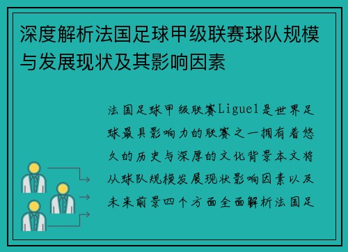 深度解析法国足球甲级联赛球队规模与发展现状及其影响因素