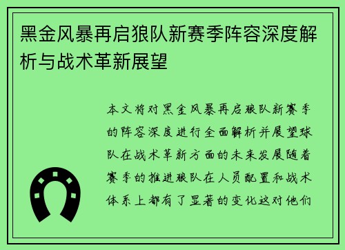 黑金风暴再启狼队新赛季阵容深度解析与战术革新展望
