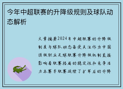 今年中超联赛的升降级规则及球队动态解析