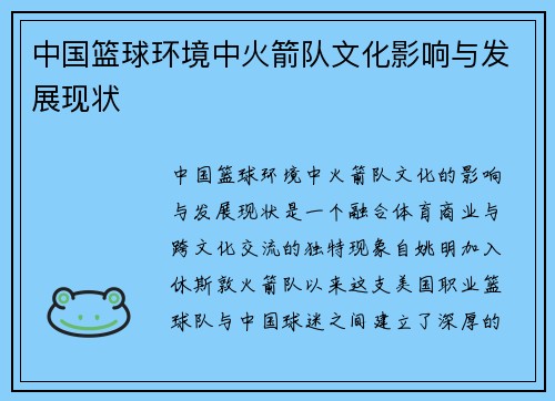 中国篮球环境中火箭队文化影响与发展现状
